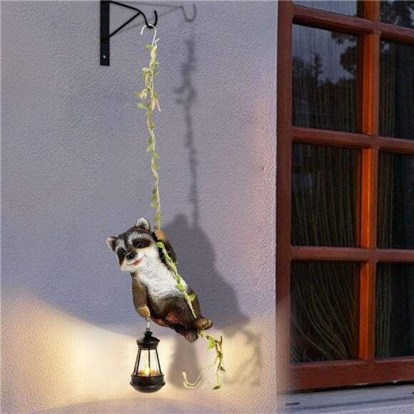 1 Pack Solar Light Statues, 6.5"H Resin Raccoon Climbing On A 23.6"L Vine - Picture 7 of 8